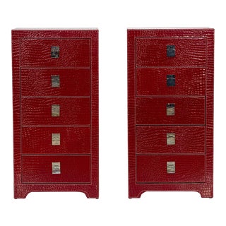 1990s Pair Faux Crocodile Five Drawer Dressers For Sale