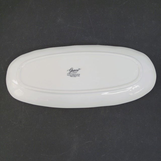 Grace Tea Ware Fine Porcelain Tray or Serving Plate Microwave and Dishwasher Safe White background w/blue floral design