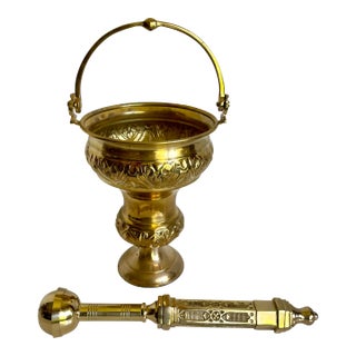 Late 20th C. Embossed Brass Holy Water Pot and Sprinkler For Sale