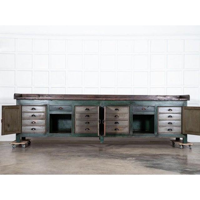 Circa 1900 Monumental French Original Painted Pine Work Table Island W369 x D78.5 x H104 cm Dimensions from floor to table...
