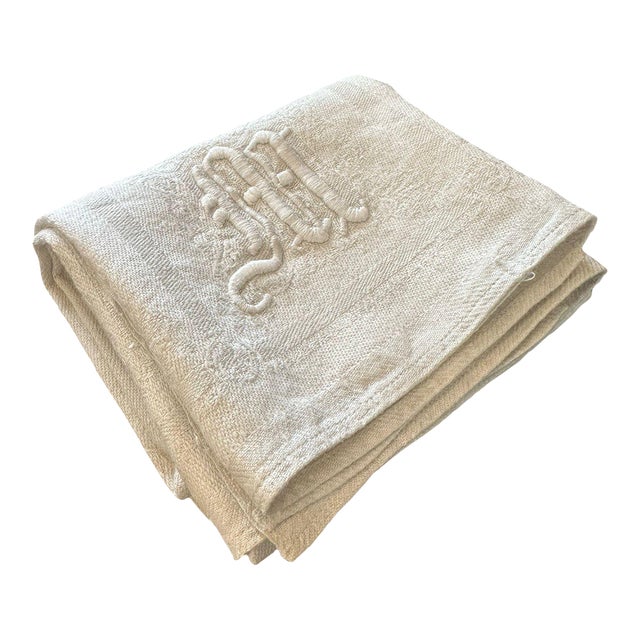 Antique French Linen Bath Towel Monogram M Oversized Damask Linen Towel 19th Century For Sale