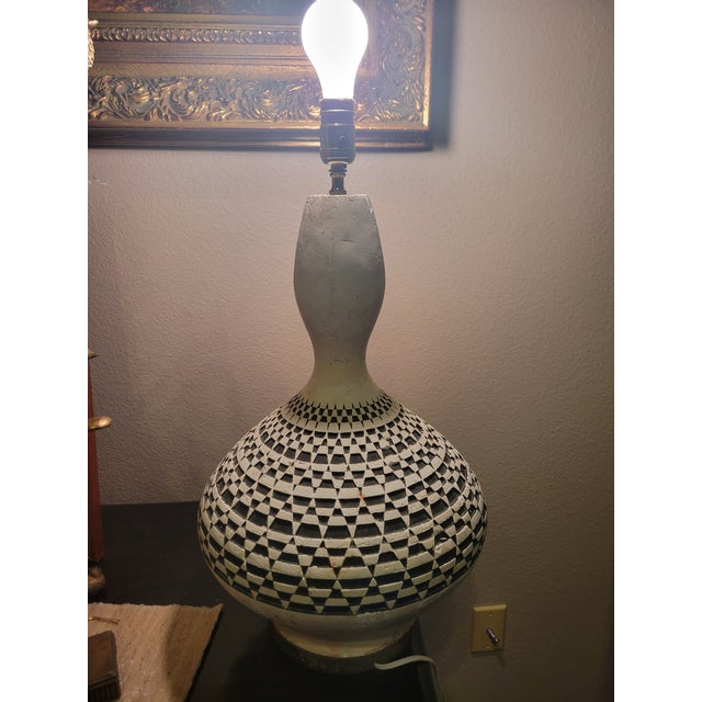 Striking 1959 Quartite Creative Corp. chalk lamp featuring a bold black‑and‑white geometric pattern and sculptural...