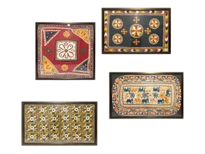 Antique Hand-Embroidered Indian Textile Framed Set of 4 Reds, Blues, Yellows