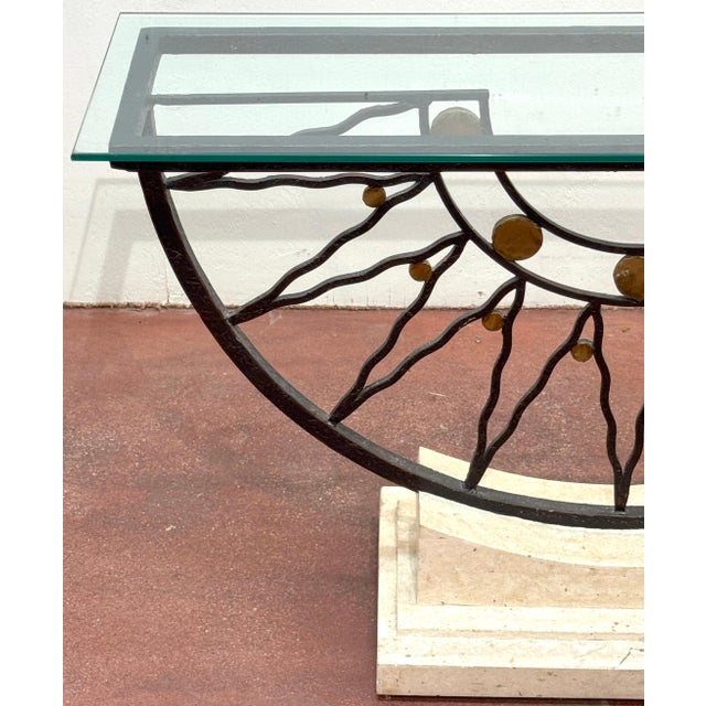 Southwest Style Mid-Century Sunburst Console Table Travertine Base and Glass Top For Sale - Image 13 of 18