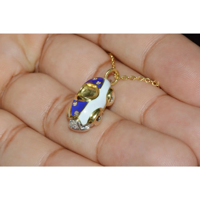 Designer Aaron Basha Natural Diamond Sapphire & Enamel Solid 18k Gold Luxury Car Charm Pendant For Sale In Dallas - Image 6 of 11
