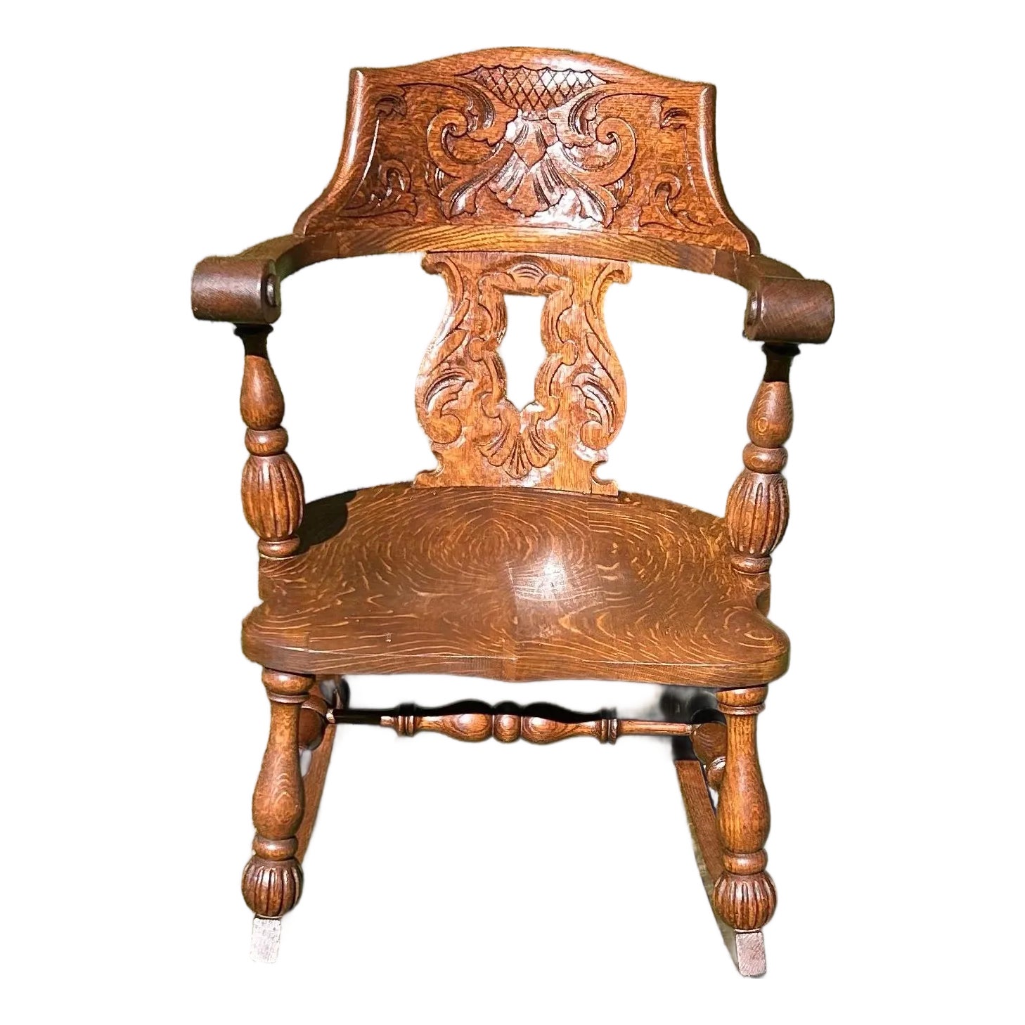 Antique, Oak Rocker, Quarter Sawn, Carved Foliate and Geometric Relief ...