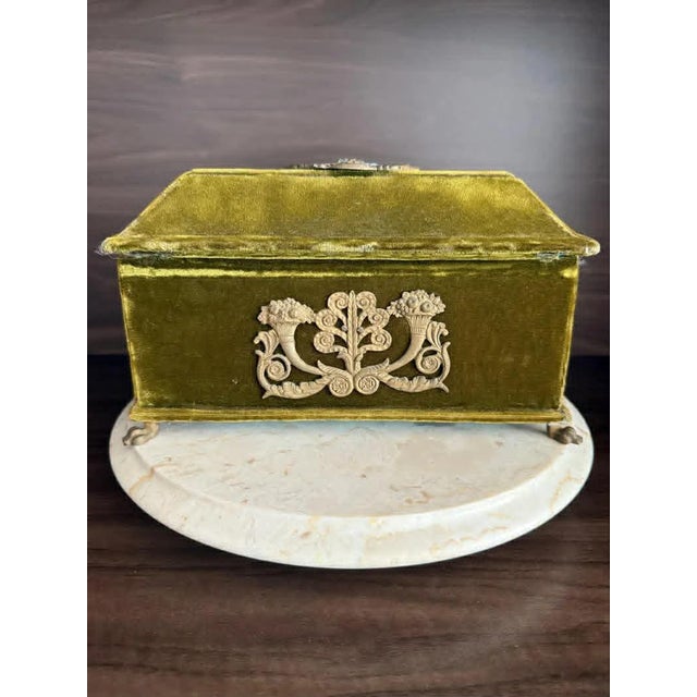 Antique Victorian Jewelry Box “Boudoir” or Sewing Box in Mustard/ Golden/ Green Velvet, Inside Blue Silk From the Early 20th Century For Sale - Image 10 of 10