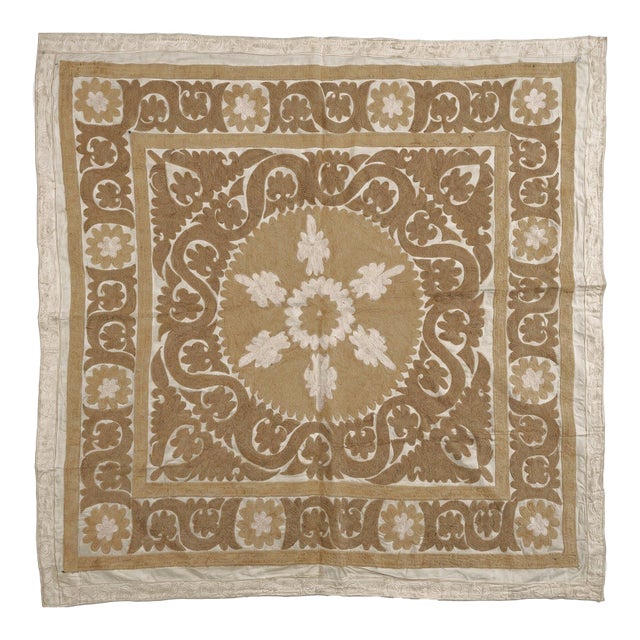 Vintage Neutral Tan Suzani From Tashkent — 4'3'' X 4'6'' For Sale