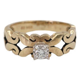 0.13 Ct Natural Diamond 14k Yellow Gold Openwork Scroll Design Ring, Size 5 For Sale