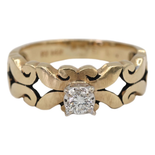 0.13 Ct Natural Diamond 14k Yellow Gold Openwork Scroll Design Ring, Size 5 For Sale