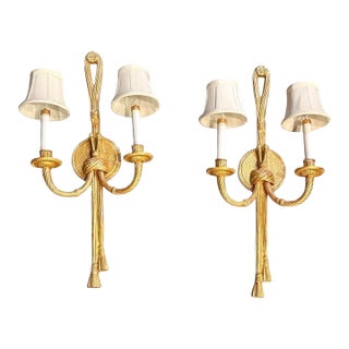 Vintage Regency Gilt Rope & Tassel Two-Light Wall Sconces, Pair For Sale
