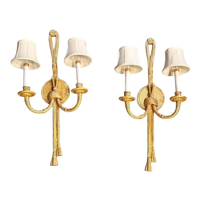 Vintage Regency Gilt Rope & Tassel Two-Light Wall Sconces, Pair For Sale