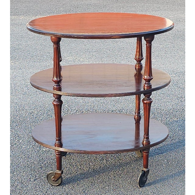 Early 20th Century Mahogany Oval Three-Tiered Rolling Bar Cart For Sale - Image 9 of 13