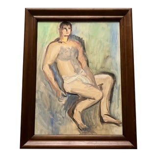 1970’s Vintage Male Partial Nude Modernist Painting Vintage Wood Frame For Sale