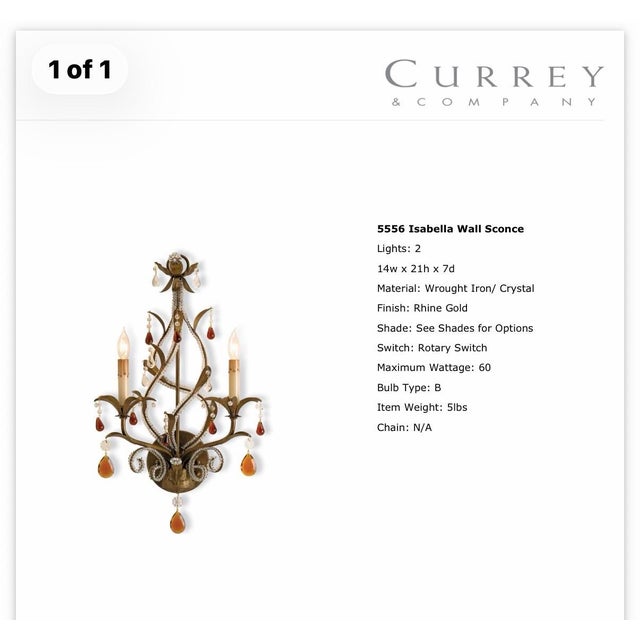 A beautiful pair of Currey & Company Isabella wall sconces, designed as the companion pieces to the Isabella chandelier....