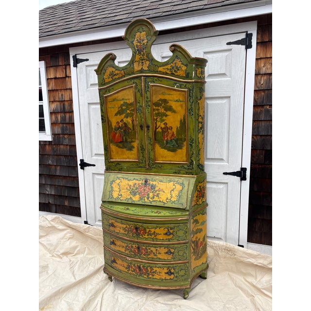 Antique Bombe paint decorated Venetian Secretary Bookcase in a hard to find small size Floral panels on base with paint...