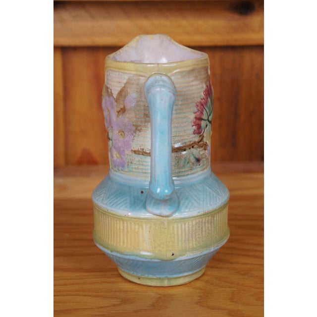 19th Century Antique Majolica Wardle Bamboo Basketweave Dogwood Flower Pitcher Jug For Sale - Image 5 of 12