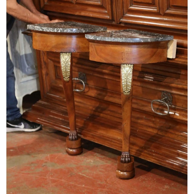 Pair of Early 19th Century French Empire Walnut and Marble Top Wall Consoles For Sale In Dallas - Image 6 of 13