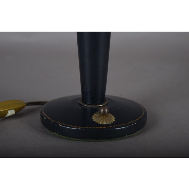 Navy Blue Leather and Brass Table Lamp with Pleated Shade, 1950s For Sale - Image 10 of 18