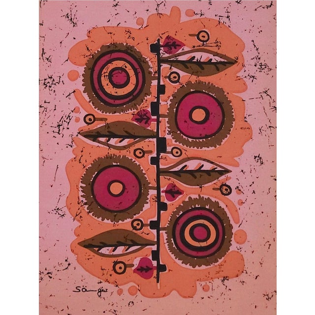 Mid-century screen-printed wall hanging. Signed by the german artist Traute Sänger Unused, very rare find in this...
