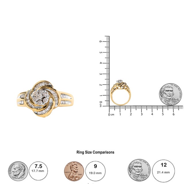 10K Yellow Gold 1/2 Cttw Round and Baguette Diamond Flower Swirl Cocktail Ring (I-J Color, SI2-I1 Clarity) - Ring Size 7 For Sale In New York - Image 6 of 6