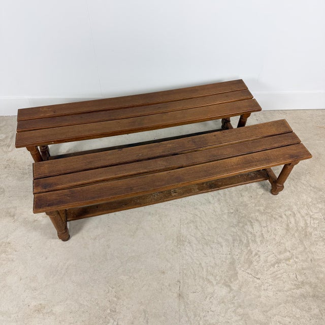Antique Oak Benches with Turned Legs, 1920s, Set of 2 For Sale - Image 3 of 15