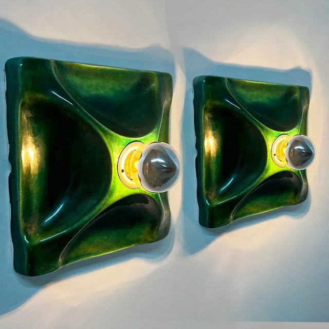 German Green Square Ceramic Wall Lights, 1970, Set of 2 For Sale - Image 3 of 9
