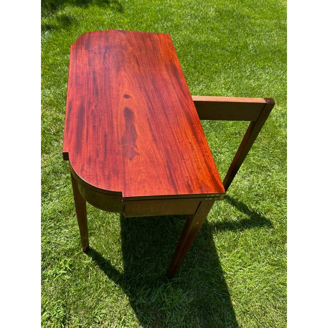 English Antique, Flame-Mahogany, Federal Style, Game Table, Swivel and Hinged Flip-Top Mechanism, Geometric String Inlay, C1780-1830, Demilune Console Table For Sale - Image 3 of 12
