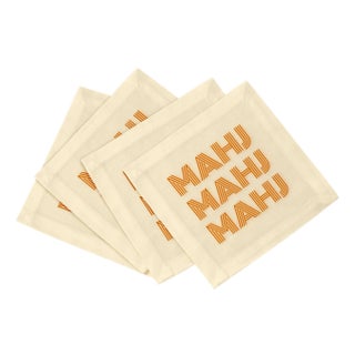 Mahj Mahj Mahj Orange Mahjong Cotton Sateen Cocktail Napkins, Set of 4 For Sale