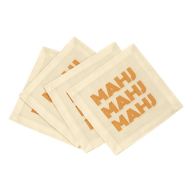 Mahj Mahj Mahj Orange Mahjong Cotton Sateen Cocktail Napkins, Set of 4 For Sale