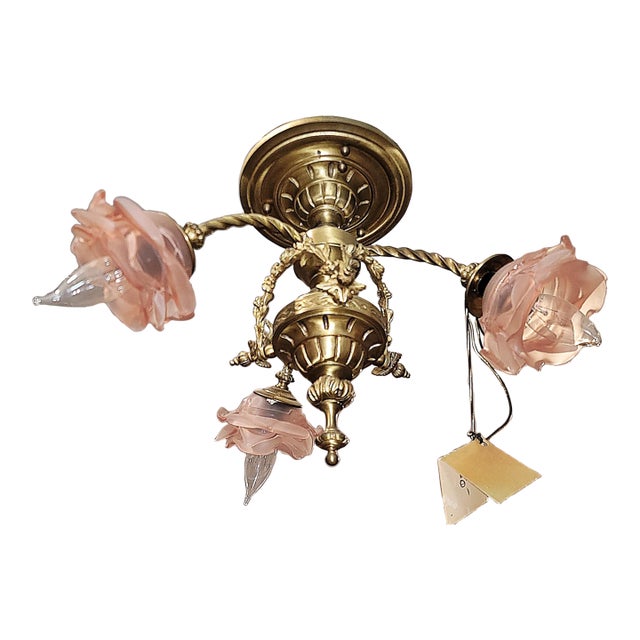 1920s French Gilt Gold Bronze Dore' Ceiling Chandelier For Sale