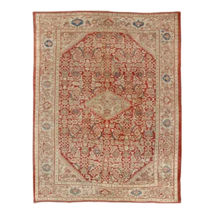 Early 20th Century Antique Persian Sultanabad Rug in Red, Green, Blue, Taupe, and Cream