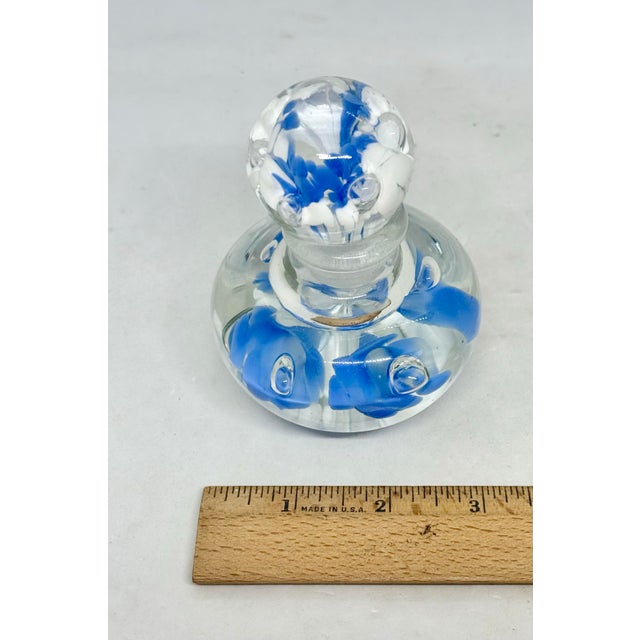 Vintage Joe St. Clair Controlled Bubble Ice Blue Trumpet Flowers 4 1/4” Perfume Paperweight Bottle For Sale - Image 11 of 12
