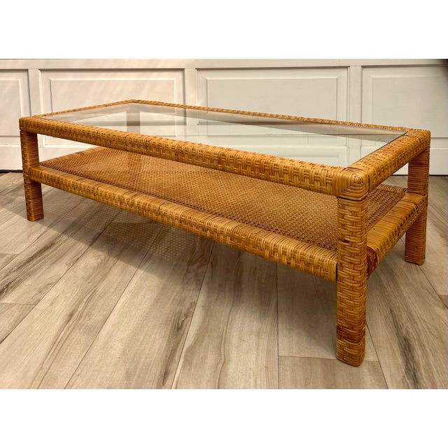 Brown Mid-Century Two-Tier Woven Rattan & Cane Coffee Table With Glass Top For Sale - Image 8 of 15