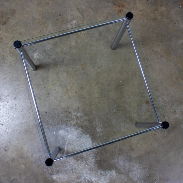 1970’s Modern Square End or Side Table by James David Cylindrical Chrome Tube Frame & Glass Top For Sale - Image 12 of 18