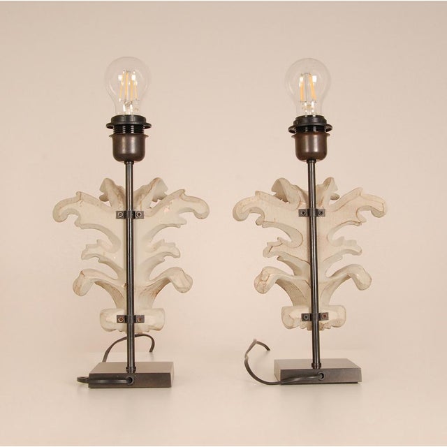 Vintage Table Lamps French Country Taupe Carved Wood Acanthus Leaf Tariff Free Delivery - A Pair For Sale - Image 6 of 12