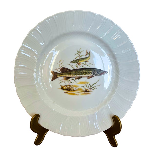 1930s Limoges Porcelain Fish Plates Set for 12, Hand-Painted Freshwater Fish, France Circa 1930 For Sale - Image 5 of 5