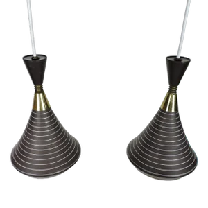 Pair of Stilnovo Style Mid Century Modern Glass and Brass Pendant Lights