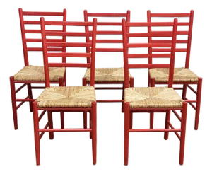 Vintage Red Ladderback Rush Seat Dining Chairs, Set of 5