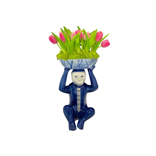 Monkey Sculpture Large Porcelain With Faux Tulips Vintage Chinoiserie Decor For Sale In Tulsa - Image 6 of 8