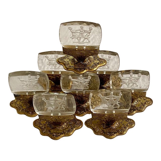 Antique Czech Intaglio Glass Place Card Holders - Set of 8 Dancing Figures For Sale