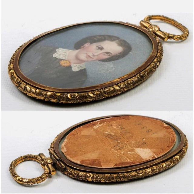 Wood Antique Hand Painted French Portrait Miniature in Locket Style Frame, C. 1850 For Sale - Image 7 of 12
