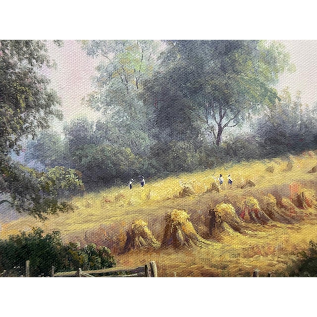 Vintage Painting of Harvest Time in the English Countryside by British Artist 1990 Circa For Sale - Image 15 of 17