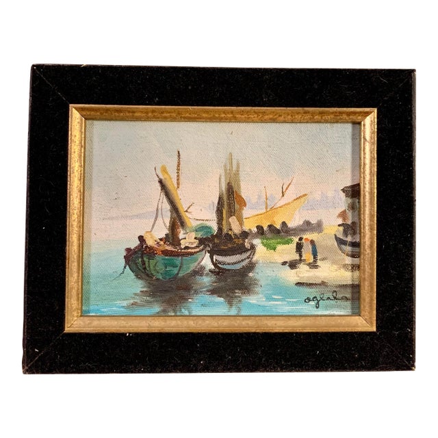 Modern Nautical Scene Signed Oil Painting on Board, Marina For Sale