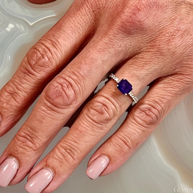 2010s Natural Sapphire Diamond Ring 6.5 14k W Gold 1.99 TCW Certified, Size 6.5 For Sale - Image 5 of 15