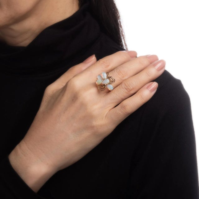 Vintage Opal Ring 14k Yellow Gold Mosaic Cocktail Fine Estate Jewellery size 6.5 For Sale In Los Angeles - Image 6 of 7
