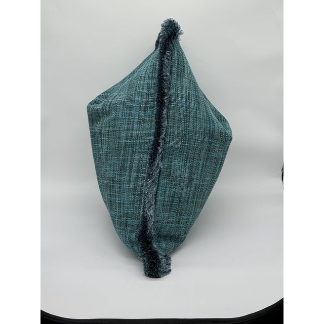 Traditional Teal Tweed Throw Pillow Cover With Fringe For Sale - Image 3 of 8