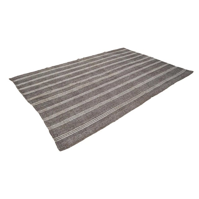 Mid-Century Modern Gray & White Striped Vintage Kilim Rug For Sale - Image 3 of 7