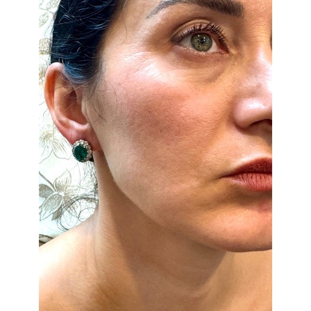 6 Carat Oval Shape Emerald & 2 Ct Diamond Post Back Earrings 14 Karat White Gold For Sale - Image 12 of 18