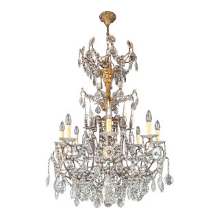 1930s Brass Crystal Chandelier Ceiling Lamp Lustre Art Nouveau Lamp For Sale